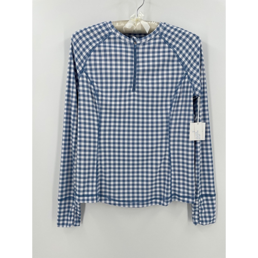 Cynthia Rowley UPF 50 Quarter Zip Performance Top Blue White Gingham Medium NWT